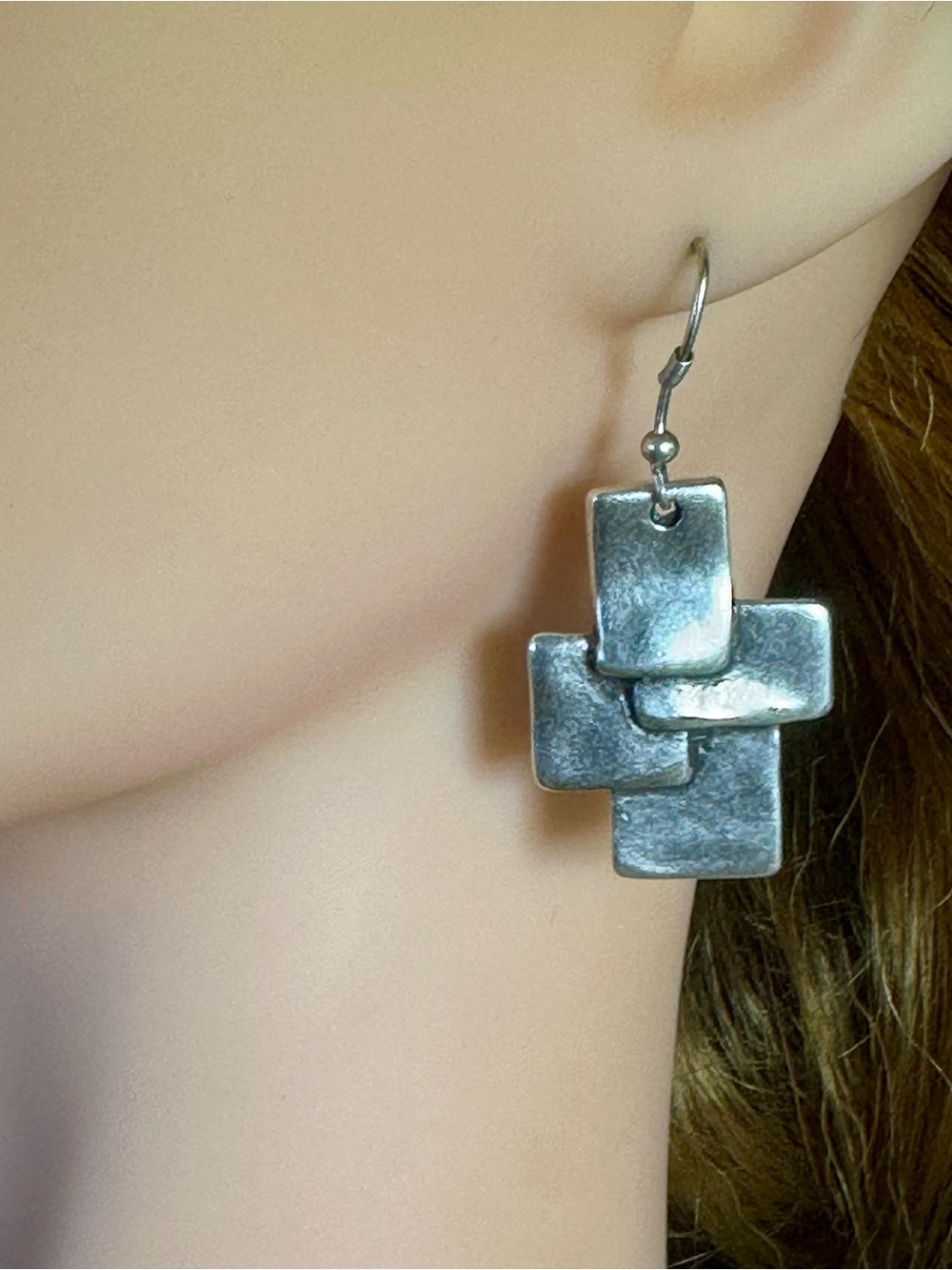 Silver Layered Rectangle Dangle Earrings – Artisan Boho Modern Style NWT